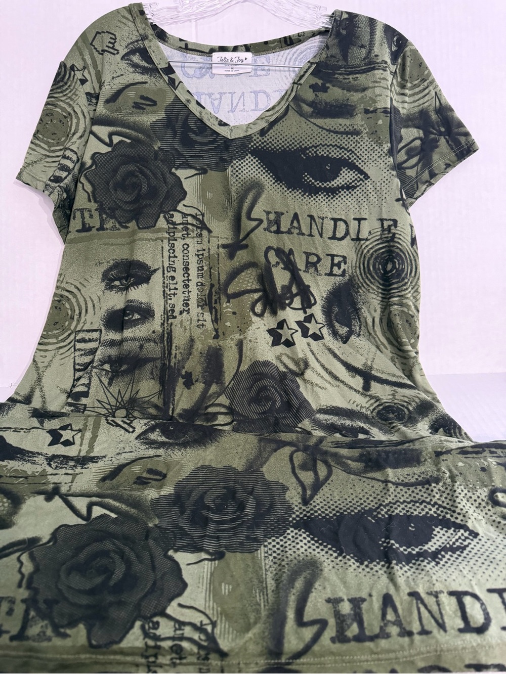 Jolie & Joy Graphics Women's V-Neck Tunic in Olive Green